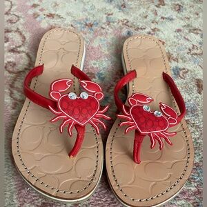 Vintage Coach Red Crab Toe-Post Sandals with Embellished Heart Detail size 7.5